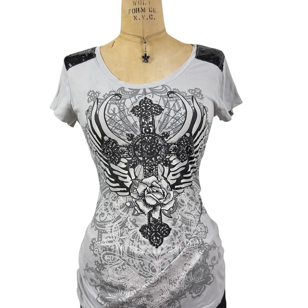 Y2K McBling Graphic Top Sequin Shoulder Ruched Side Cross Print Edgy Grunge Sz S - Picture 3 of 6